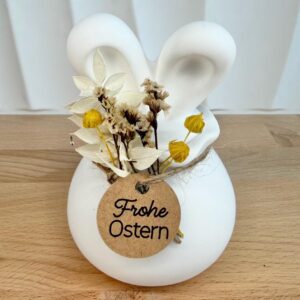 Osterhase Dose Weiß mit Ohren und Trockenblumen