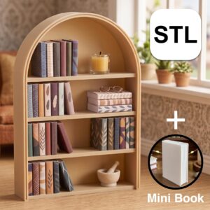 3D print 1:12 scale anxiety bookshelf STL bundle with mini book STL file. Cozy decorated arched miniature bookshelf with books in a dollhouse setting.